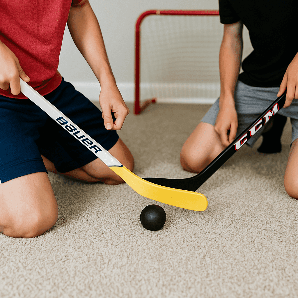 Two kids playing knee hockey